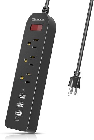 واقي التيار المتردد لقطاع الطاقة 3 منافذ تيار متردد مع 3 منافذ USB (5 فولت/2.4x3)، شريط توصيل HITRENDS مع شاحن USB، شريط كهربائي للمنزل والمكتب، سلك تمديد بطول 5 أقدام، أسود in Kuwait