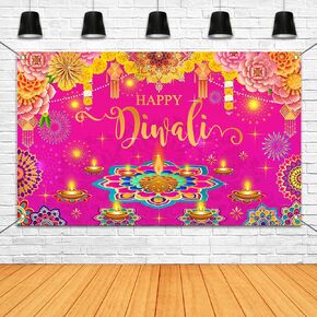 Happy Diwali Backdrop Banner Festival of Lights Decorations Party Supplies Indian Diwali Decorations for Home Wall Hanging Door Banner (Pink, 70.8 x 43.3 Inch)