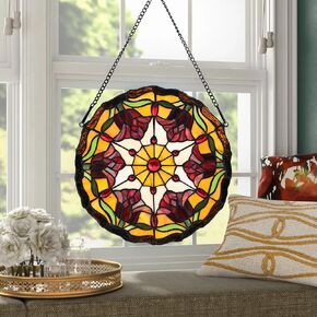 Handmade Stained Glass Window Hanging Tiffany Style Lighthouse Suncatcher Round Diameter 12" Wall Decor Art Panel Include 20" Chain and Hooks Perfect Christma Housewarming Gift