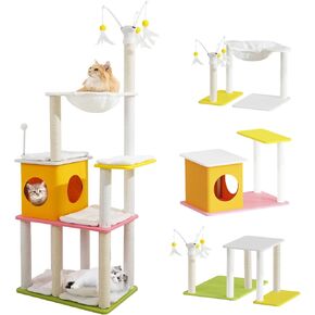 62.2" Cat Tree Tower,High Density PP Material Plate,DIY Structure,Stable & Flexible & Stylish Cat Condo for Indoor & Outdoor,Soft Plush Cushions,Hammock,Felt House,Spring Ball,Hanging Cat Teaser