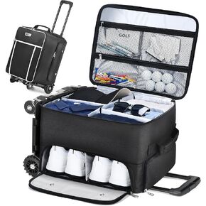 CAB55 Golf Trunk Organizer with 4 Wheels, 2 Layer Waterproof Car Golf Organizer with Separate Ventilated Compartment for 2 Pair Shoes, Golf Gifts (Black)
