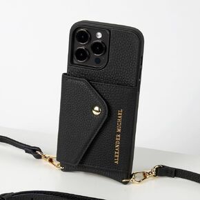 Alexander Michael for iPhone 14 Pro Max - Caviar Phone Case and Wallet with 2 Straps in Premium Leather, Anti-Theft Phone Crossbody (Black, iPhone 14 Pro Max)