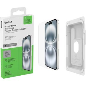 Belkin ScreenForce InvisiGlass Treated Screen Protector for iPhone 16, iPhone 15, & iPhone 14 Pro, Scratch-Resistant Impact Protection w/ Included Easy Align Tray for Bubble Free Application - Made with Recycled Glass