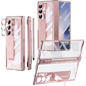 NINKI Compatible for Samsung Galaxy Z Fold 6 Case with S Pen Holder & S Pen, 5 in 1 Hinge Protective Stand Screen Protector Case for Samsung Z Fold 6 Case for Galaxy Fold 6 Phone Case Women Rose Pink