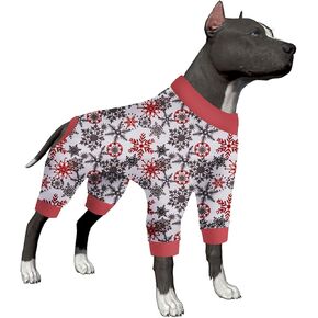LovinPet XXL Dog Pajamas - Anti Licking & Anxiety Calming Dog Clothes, Comfy Lightweight Stretchy Fabric, Scarlet Ice Crystals Print, Large Dog Pjs, Pitbull Costume for Parties,Red XXL