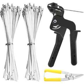 Metal Zip Ties Tool Kits Heavy Duty Zip Ties Gun with 200Pcs 5.9inch Stainless Steel Cable Ties and Scissors Metal Tie Wrap Gun Self-Locking Metal Cable Ties For Fence Exhaust Pipe Outdoor (5.9'')