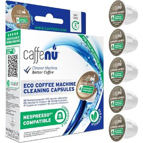 Nespresso Compatible Cleaning Pods. 5 Eco Nespresso Cleaner Capsules. Improved Coffee Flavour. For Nespresso Originaline, Use with Nespresso Descaling Kit.