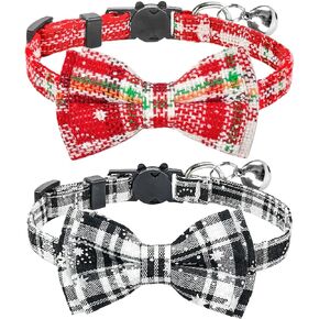 Christmas Snowflake Plaid Cat Collar with Bow and Bell, Breakaway Cat Buckle Removable with Bell Pet Collar, Christmas Winter for Kittens, Cat Collar Accessories (Red and Green Snowflakes)