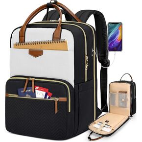 RAINSMORE Backpack for Women, 15.6 Inch Laptop Travel Backpack College Computer Backpack Teacher Nurse Work Backpack Waterproof Casual Daypack Bookbag Purse Backpack for Office Travel, White-Black