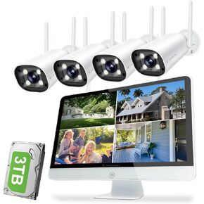 Wireless Security Camera System with 16" IPS Monitor, AI Human Detection, Floodlight,Siren Alarm, 2-Way Audio,4PCS 5MP Camera,Expandable 16CH NVR,Home Business Surveillance,3TB HDD