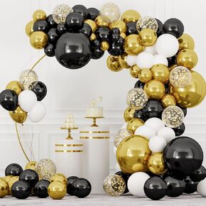 RUBFAC 144pcs Black and Gold Balloon Garland Arch Kit, 5 10 12 18 Inch Black Gold White Latex Balloons for Graduation Party Birthday Anniversary Festival Decoration