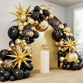RUBFAC 144pcs Black and Gold Balloon Garland Arch Kit, 5 10 12 18 Inch Black Gold White Latex Balloons for Graduation Party Birthday Anniversary Festival Decoration