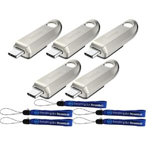 SanDisk Type-C Ultra Luxe USB 3.2 Gen 1 64GB Flash Drive 5 Pack Up to 300 MB/s Read Speed Compatible with Computers and Laptops (SDCZ75-064G-G46) Bundle with (5) Everything But Stromboli Lanyards
