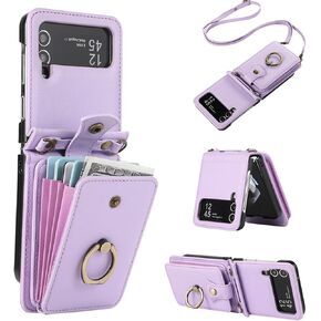 Asuwish Phone Case for Samsung Galaxy Z Flip 3 5G 2021 Wallet Cell Cover with and Crossbody Strap Ring Stand RFID Credit Slot Card Holder Leather Flip ZFlip3 Z3 Flip3 3Z Women Men Girls Purple