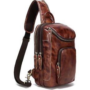 LANNSYNE Vintage Full Grain Leather Sling Bag Crossbody Chest Daypack