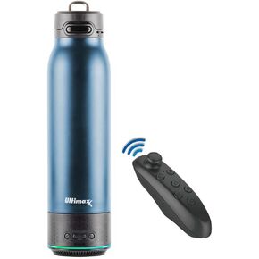 Vacuum Insulated Premium Water Bottle with Rechargeable Bluetooth Speaker and Xtreme Mini Bluetooth Remote. Remote Doubles as Gaming Joystick/Mouse for Smartphone Apps. (Navy)