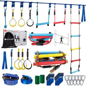 2×56ft Ninja Warrior Obstacle Course for Kids - 600 lbs Weight Capacity, Slackline Obstacle Course with 8 Ninja Accessories - Monkey Bar, Rope Ladder, Gymnastic Ring, Arm Trainer and Monkey Fist