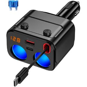 شاحن سيارة قابل للسحب بقوة 180 وات، موزع ولاعة سجائر، 5 في 1 شاحن هاتف سيارة سريع USB مع كابل قابل للسحب ومنفذين USB، ومقبس ولاعة سجائر مع مفتاح منفصل LED الفولتميتر