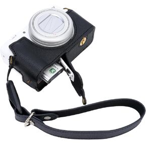 Bowan Case for Sony ZV-1F, ZV-1 II/ZV-1M2 Vlog Camera, Handmade Genuine Real Leather Half Camera Case Bag Cover for SonyZV-1F, ZV-1 II/ZV-1M2 Camera Bottom Opening Version + Hand Strap (Black)