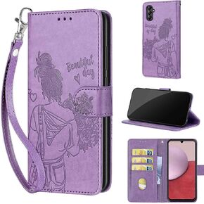Designed for Samsung Galaxy A14 5G Case Wallet,Women Flip Folio Cover with Embossed PU Leather Stand Credit Card Holders Slots Wrist Strap Phone Case for Samsung A14 5G/4G (Blue Flower)