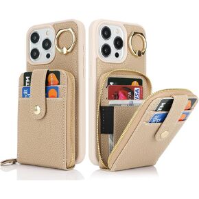 for iPhone 14 Pro Max Case with Card Holder,iPhone 14 Pro Max Wallet Case for Women Men,Leather Zipper Stand Ring Phone Case with Coin Pocket-Black