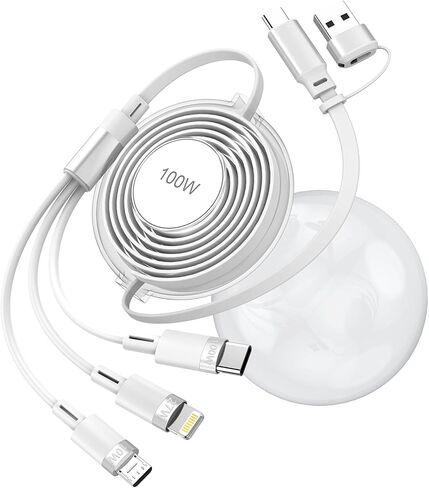 Retractable Multi Charging Cable 100W - USB-C 3 in 1 Charging Cable 1.2 M Travel Essentials iPhone Charger Cord,USB C [100W]+Lightning[27W]+Micro for iPad,MacBook,Samsung/iPhone15 14 13 12 11 - White in Saudi Arabia