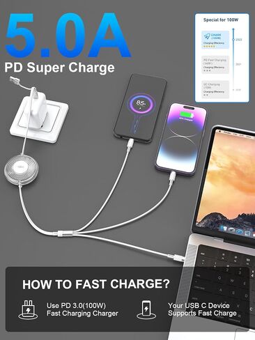 Retractable Multi Charging Cable 100W - USB-C 3 in 1 Charging Cable 1.2 M Travel Essentials iPhone Charger Cord,USB C [100W]+Lightning[27W]+Micro for iPad,MacBook,Samsung/iPhone15 14 13 12 11 - White in Saudi Arabia