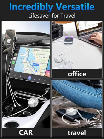 Retractable Multi Charging Cable 100W - USB-C 3 in 1 Charging Cable 1.2 M Travel Essentials iPhone Charger Cord,USB C [100W]+Lightning[27W]+Micro for iPad,MacBook,Samsung/iPhone15 14 13 12 11 - White in Saudi Arabia