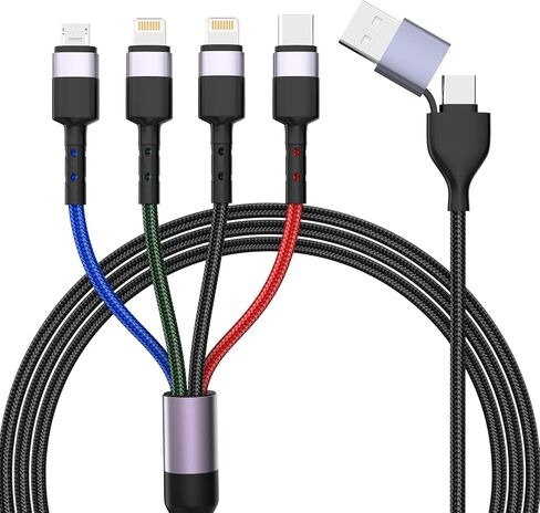 كابل شحن متعدد 4 في 2، 10FT USB A/C إلى 2*Lighting/Typc C/Micro USB Port، كابل شاحن USB متعدد عالمي مجدول من النايلون لهواتف iPhone 15/14/13 وSamsung وMacBook وiPad وKindle in Kuwait