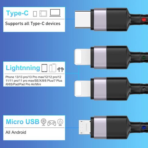 كابل شحن متعدد 4 في 2، 10FT USB A/C إلى 2*Lighting/Typc C/Micro USB Port، كابل شاحن USB متعدد عالمي مجدول من النايلون لهواتف iPhone 15/14/13 وSamsung وMacBook وiPad وKindle in Kuwait