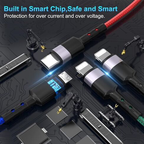 كابل شحن متعدد 4 في 2، 10FT USB A/C إلى 2*Lighting/Typc C/Micro USB Port، كابل شاحن USB متعدد عالمي مجدول من النايلون لهواتف iPhone 15/14/13 وSamsung وMacBook وiPad وKindle in Kuwait