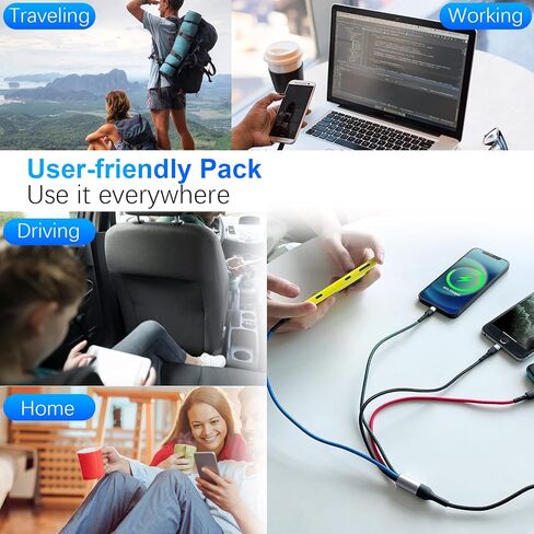 كابل شحن متعدد 4 في 2، 10FT USB A/C إلى 2*Lighting/Typc C/Micro USB Port، كابل شاحن USB متعدد عالمي مجدول من النايلون لهواتف iPhone 15/14/13 وSamsung وMacBook وiPad وKindle in Kuwait