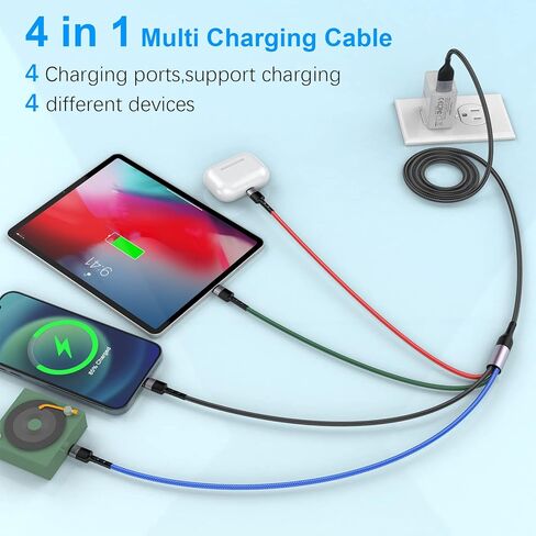 كابل شحن متعدد 4 في 2، 10FT USB A/C إلى 2*Lighting/Typc C/Micro USB Port، كابل شاحن USB متعدد عالمي مجدول من النايلون لهواتف iPhone 15/14/13 وSamsung وMacBook وiPad وKindle in Kuwait