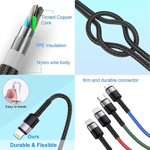 كابل شحن متعدد 4 في 2، 10FT USB A/C إلى 2*Lighting/Typc C/Micro USB Port، كابل شاحن USB متعدد عالمي مجدول من النايلون لهواتف iPhone 15/14/13 وSamsung وMacBook وiPad وKindle in Kuwait
