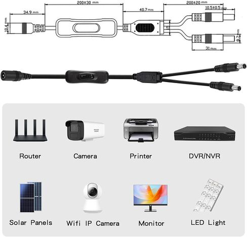 Duttek DC 12V Splitter Power Cable, DC3.5mm x 1.35mm 1 Female to 2 Male Extension Cord Switch Splitter Power Cable with 304 Switch for CCTV Surveillance Cameras, LED Strip Lights etc. 1FT/40cm in Saudi Arabia
