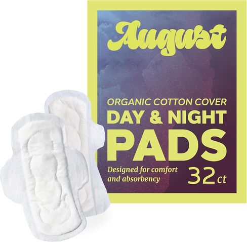August Menstrual Day and Night Organic Topsheet Pad, 8-Pack Day, 8-Pack Night Organic Cotton Pads, Compostable Wrapper, Fragrance Free, Hypoallergenic Organic Pads for Women and Anyone Who Menstruates in Saudi Arabia
