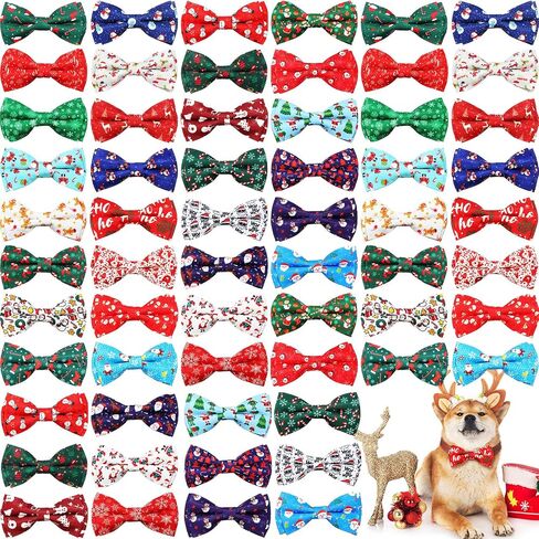 Sanwuta 60 Pieces Christmas Collar Dog Bow Ties Bulk Christmas Pet Bows Collar Attachment with Elastic Bands Holiday Dog Cat Collar Accessories in Saudi Arabia