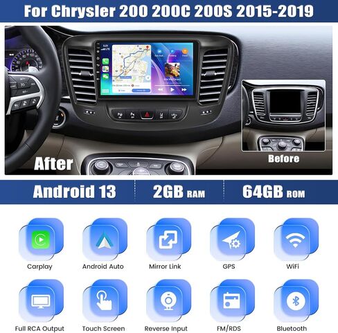 2G+64G Android 13 Car Stereo for Chrysler 200 200C 200S 2015-2019 with Wireless Carplay Android Auto,9 inch HD Touchscreen Car Radio with WiFi GPS Navigation Bluetooth FM/RDS Radio SWC+Rear Camera in Saudi Arabia