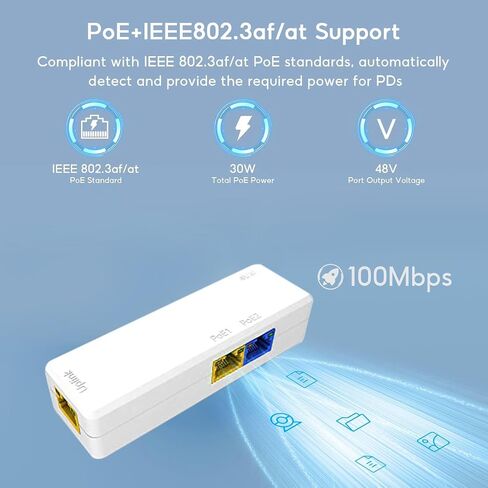 2 Port PoE Extender 100Mbps, IEEE 802.3 af/at PoE Repeater, 1 PoE in 2 poe Out poe Splitter, Plug and Play, Wall Mount POE ethernet Repeater for Security Systems IP Camera (2 Port) in Saudi Arabia