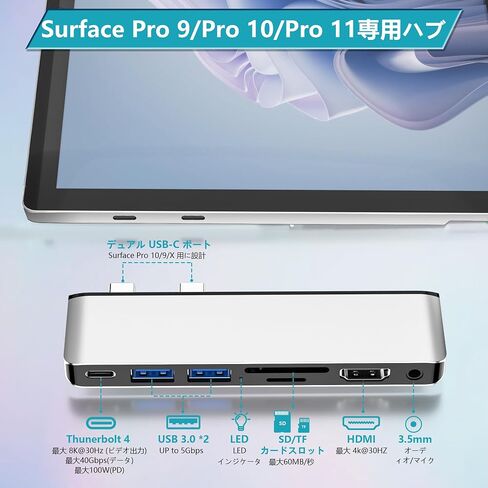 قاعدة تركيب Surface Pro 11/10/9 مع 4K HDMI، USB-C Thunderbolt 4 (شاشة + بيانات + 100 واط PD)، 2 USB 3.0، قارئ بطاقة SD TF، منفذ صوت 3.5 مم، ملحقات لجهاز Surface Pro 11/Pro 10 /برو 9/برو العاشر in Saudi Arabia