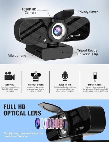 Full HD 1080P Webcam with Microphone, Adjustable FOV, Zoom, Software Control & Privacy Cover, USB HD Computer Web Camera, Plug and Play, for Zoom/Skype/Teams(Royal Black) in Saudi Arabia