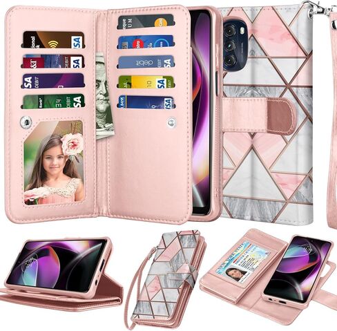 Njjex Wallet Case for Motorola Moto G 5G 2022, for Moto G 5G 2022 Case, [9 Card Slots] PU Leather ID Credit Card Holder Folio Flip [Detachable] Kickstand Magnetic Phone Cover & Lanyard [Rose Gold] in Kuwait