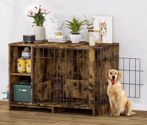 Dog Crate Furniture, Large Wooden Dog Cage End Table with Double Doors Heavy Duty Pet Kennels with Removable Tray Stainless Steel Bowls for Small Medium Pets Decorative Dogs House Living Room in Saudi Arabia
