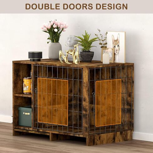 Dog Crate Furniture, Large Wooden Dog Cage End Table with Double Doors Heavy Duty Pet Kennels with Removable Tray Stainless Steel Bowls for Small Medium Pets Decorative Dogs House Living Room in Saudi Arabia