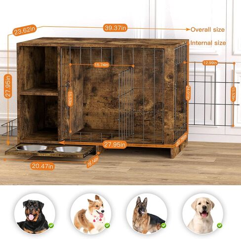 Dog Crate Furniture, Large Wooden Dog Cage End Table with Double Doors Heavy Duty Pet Kennels with Removable Tray Stainless Steel Bowls for Small Medium Pets Decorative Dogs House Living Room in Saudi Arabia
