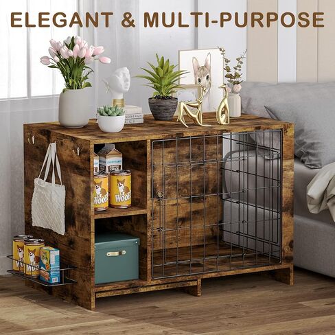 Dog Crate Furniture, Large Wooden Dog Cage End Table with Double Doors Heavy Duty Pet Kennels with Removable Tray Stainless Steel Bowls for Small Medium Pets Decorative Dogs House Living Room in Saudi Arabia