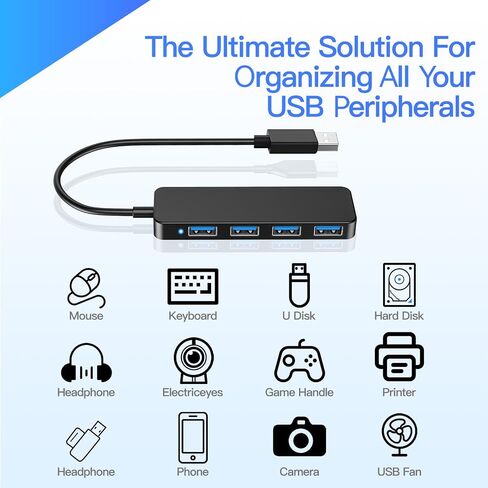 USB Hub, USB Splitter,USB 4-Port Adapter,Extender for Laptop, PC, MacBook, Mac Pro, Mac mini, iMac, Surface Pro and More (Black-USB 2.0/0.3m) in Kuwait