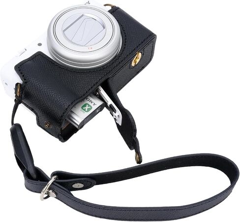 حافظة Bowan لكاميرا Sony ZV-1F، ZV-1 II/ZV-1M2 Vlog، غطاء حقيبة نصف كاميرا مصنوع يدويًا من الجلد الحقيقي الأصلي لهاتف SonyZV-1F، ZV-1 II/ZV-1M2 إصدار فتحة سفلية للكاميرا + حزام يد (أسود) ) in Kuwait