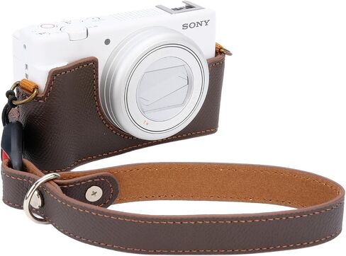 حافظة Bowan لكاميرا Sony ZV-1F، ZV-1 II/ZV-1M2 Vlog، غطاء حقيبة نصف كاميرا مصنوع يدويًا من الجلد الحقيقي الأصلي لهاتف SonyZV-1F، ZV-1 II/ZV-1M2 إصدار فتحة سفلية للكاميرا + حزام يد (أسود) ) in Kuwait