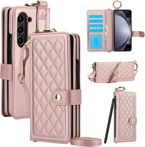 LBYZCASE Flip Folio Leather Wallet Case for Samsung Galaxy Z Fold 6, Z fold 6 Case with Card Slots[RFID Blocking],S Pen Holder,Wrist Strap for Women (Rose Gold) in Saudi Arabia